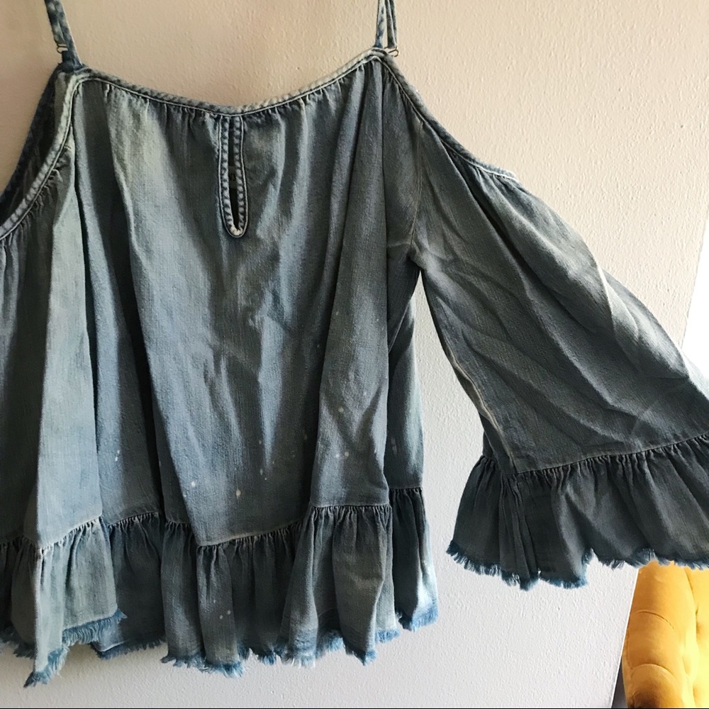 Distressed cold shoulder denim top